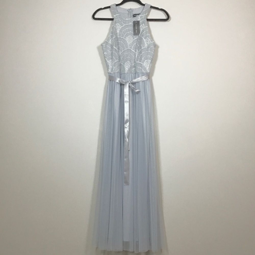 NWT Cadalite petite grey silver thread sequin Japanese water pattern dress Sz PS